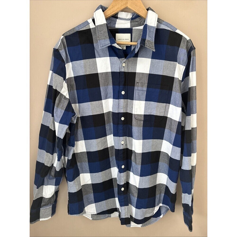 American Eagle Men’s XL Blue White Black Plaid Button Up Shirt Classic Fit Long